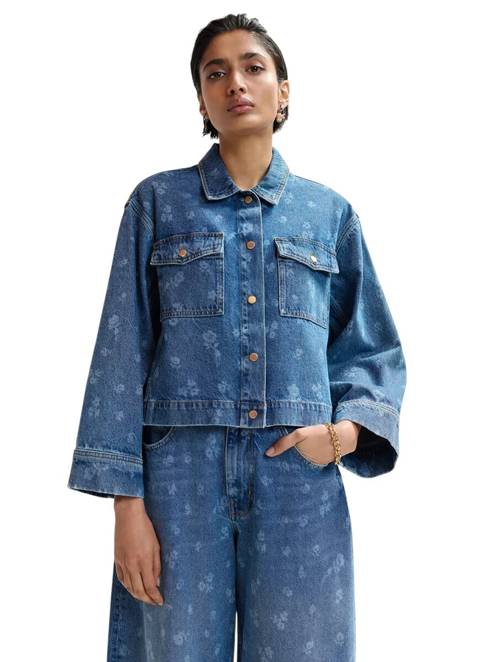 Blauwe jeans jas met bloemen print Jass Essentiel 