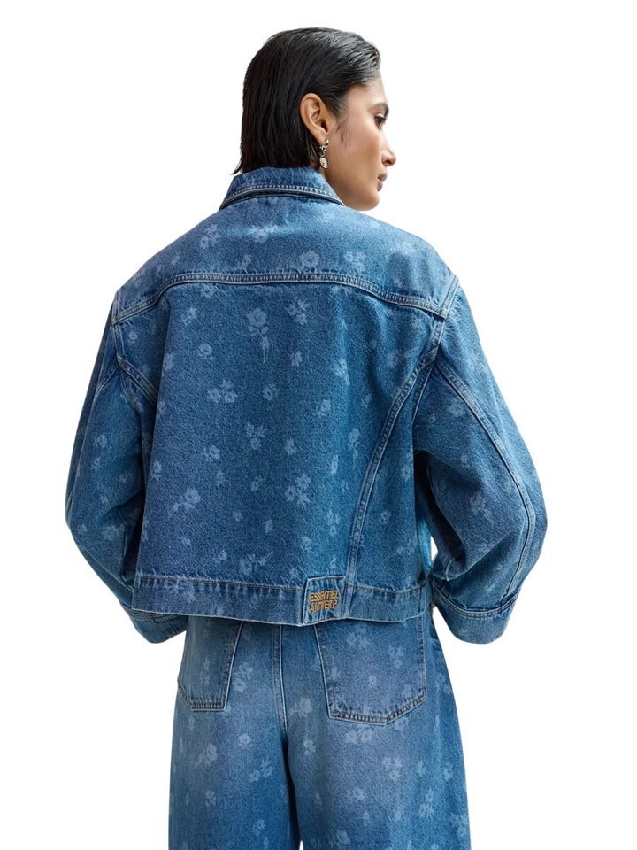 Blauwe jeans jas met bloemen print Jass Essentiel 