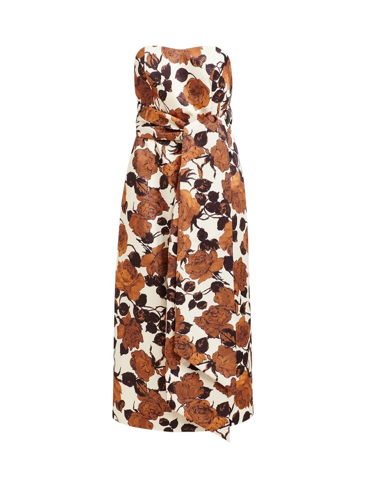 Beige en bruine strapless midi-jurk met wikkelriem Juror Essentiel 