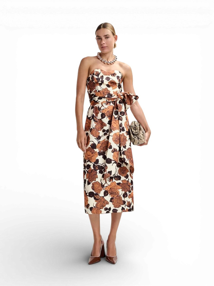 Beige en bruine strapless midi-jurk met wikkelriem Juror Essentiel 