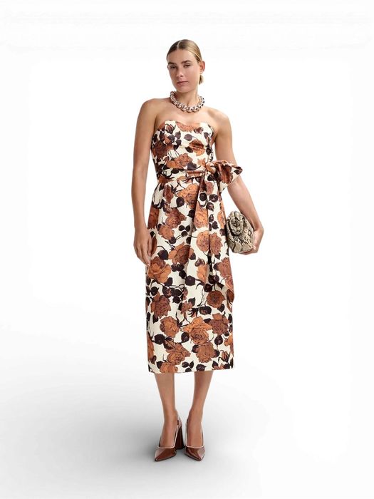 Beige en bruine strapless midi-jurk met wikkelriem Juror Essentiel
