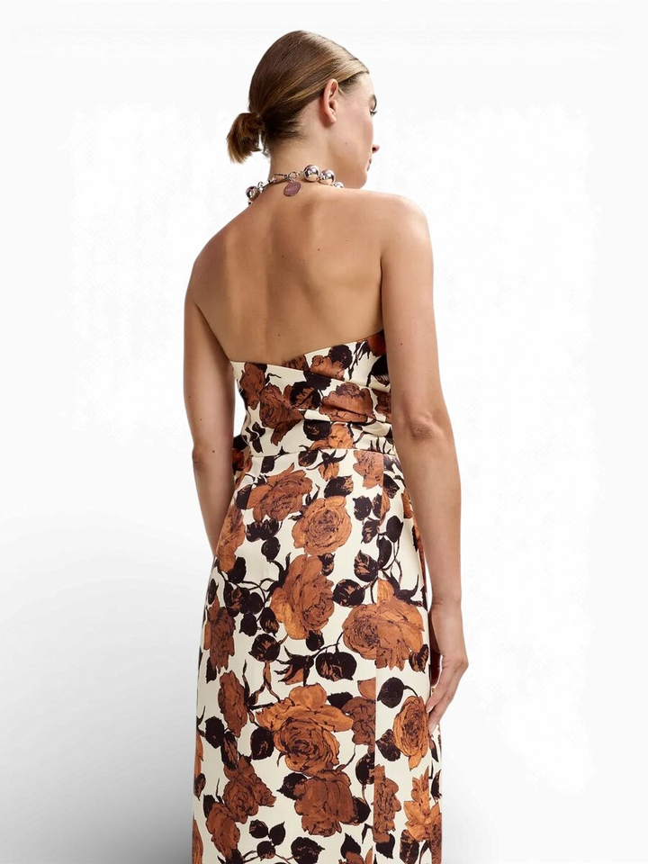 Beige en bruine strapless midi-jurk met wikkelriem Juror Essentiel 