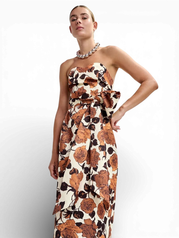 Beige en bruine strapless midi-jurk met wikkelriem Juror Essentiel 