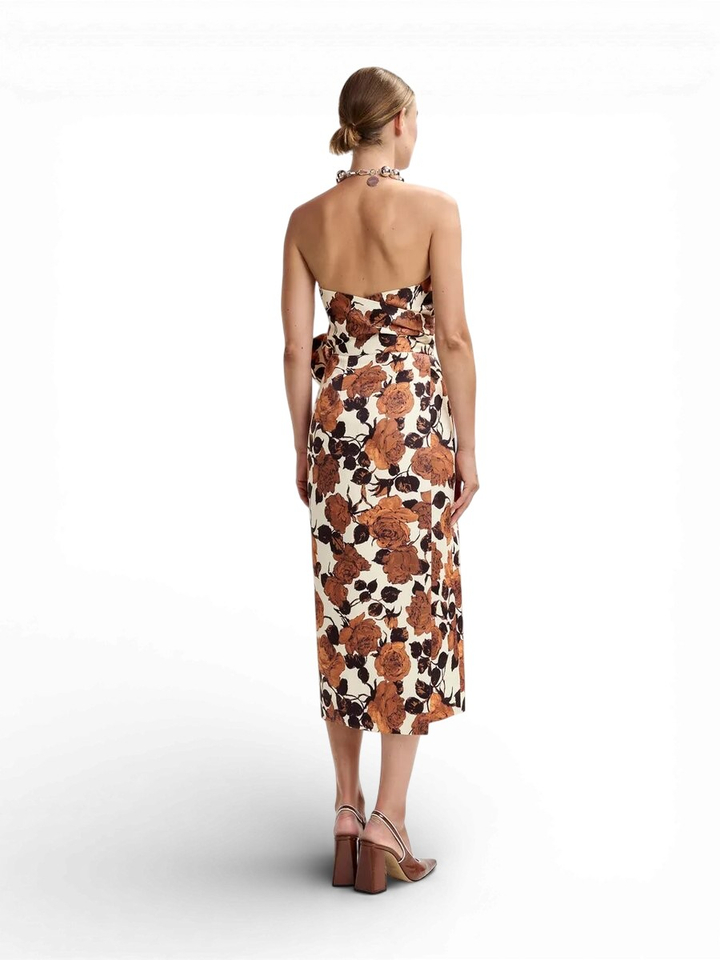 Beige en bruine strapless midi-jurk met wikkelriem Juror Essentiel 