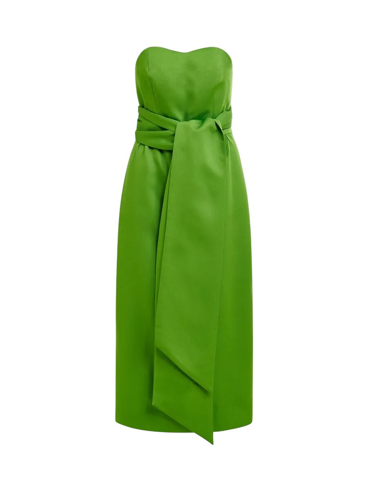 Groene strapless midi-jurk met wikkelriem Essentiel
