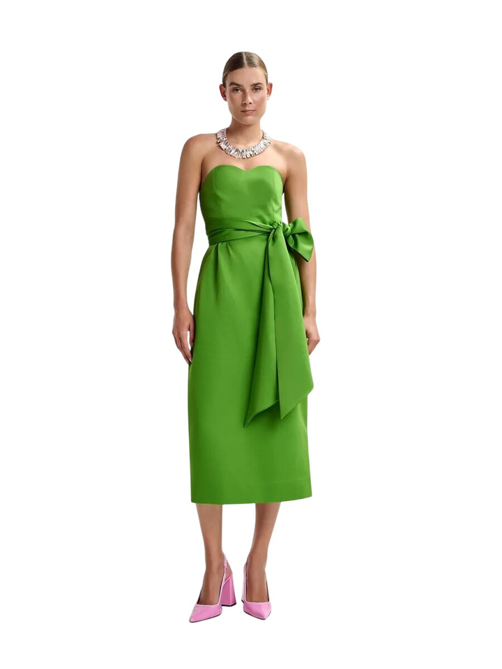 Groene strapless midi-jurk met wikkelriem Essentiel