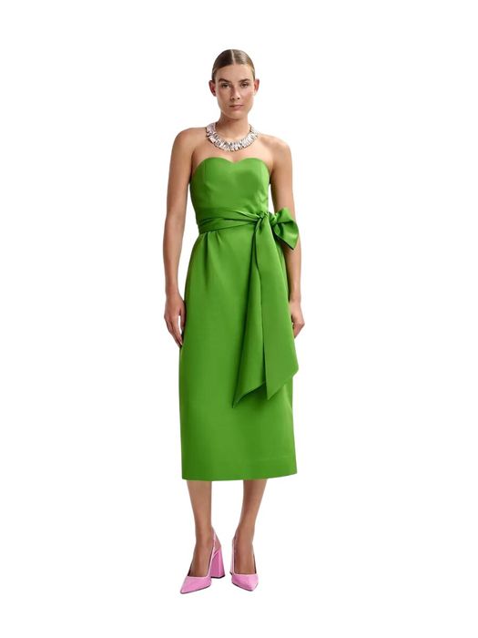 Groene strapless midi-jurk met wikkelriem Essentiel