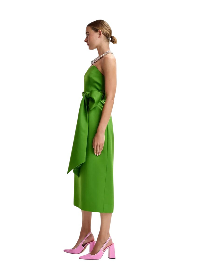 Groene strapless midi-jurk met wikkelriem Essentiel