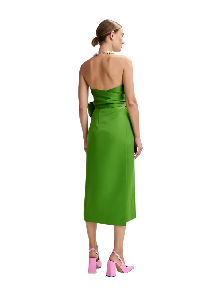 Groene strapless midi-jurk met wikkelriem Essentiel