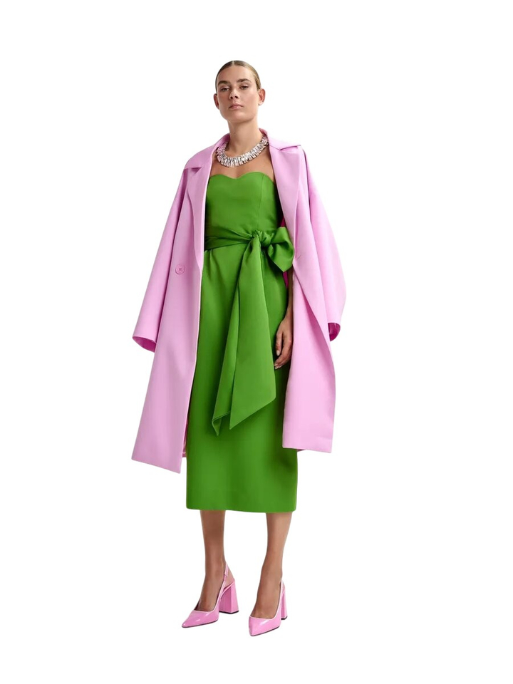 Groene strapless midi-jurk met wikkelriem Essentiel