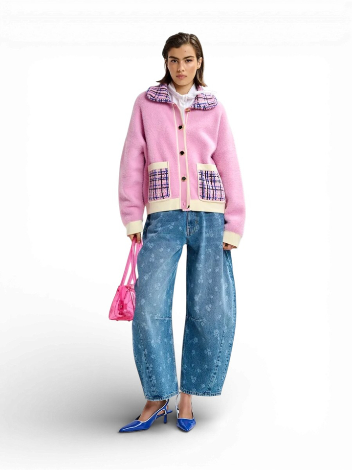 Roze cardigan met print op kraag en zakken Joilu Essentiel 