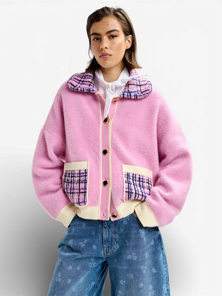 Roze cardigan met print op kraag en zakken Joilu Essentiel 