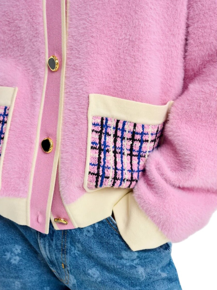 Roze cardigan met print op kraag en zakken Joilu Essentiel 