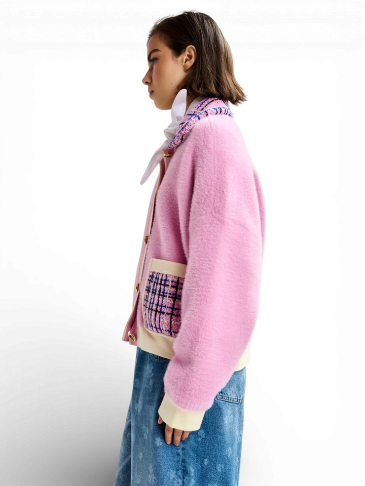 Roze cardigan met print op kraag en zakken Joilu Essentiel 