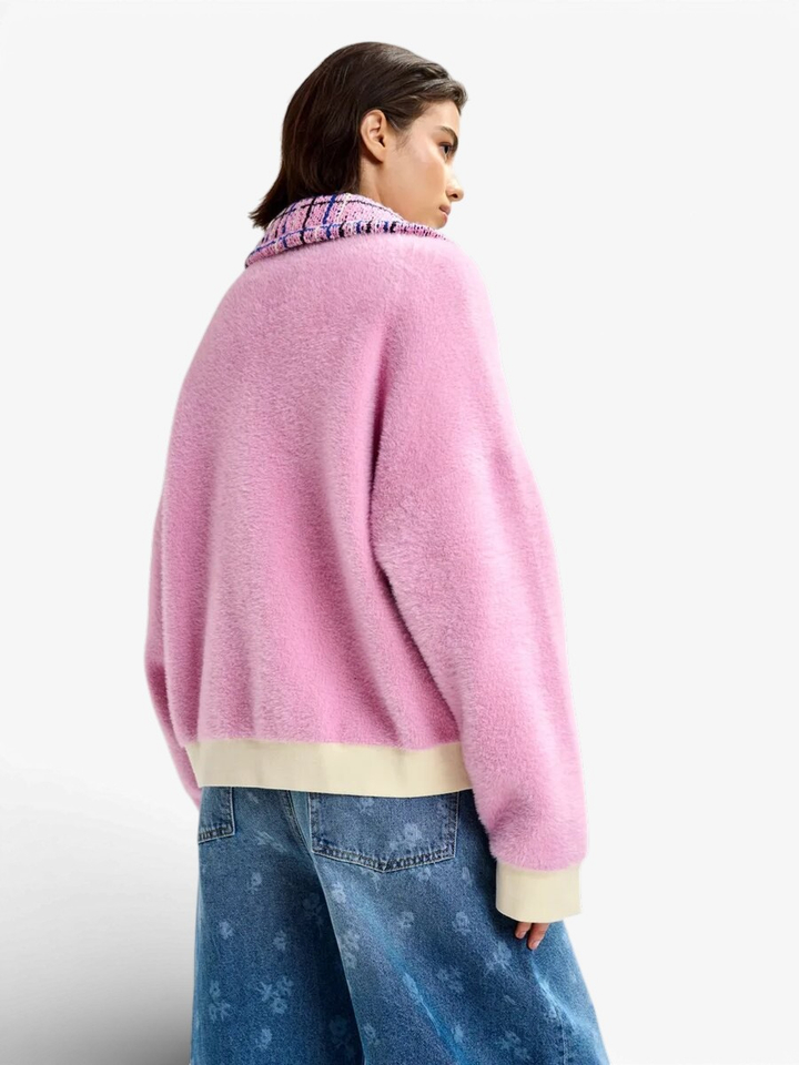Roze cardigan met print op kraag en zakken Joilu Essentiel 