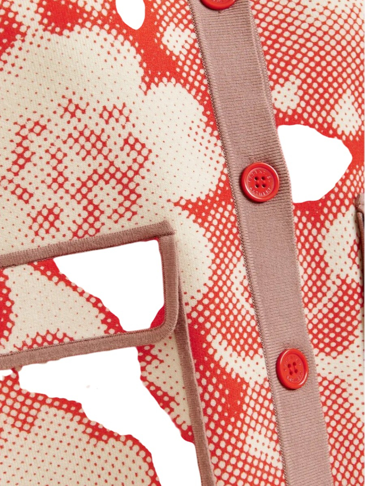 Rood en gebroken wit gebreid vest met bloemenprint en contrasterende bruine randen Joly Essentiel