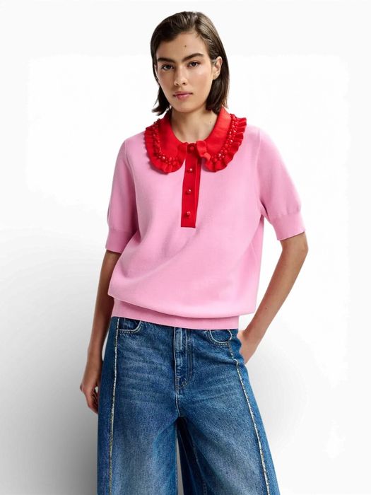 Roze en rode polo met fijne ribbels en kralenversieringen Jewelry Essentiel