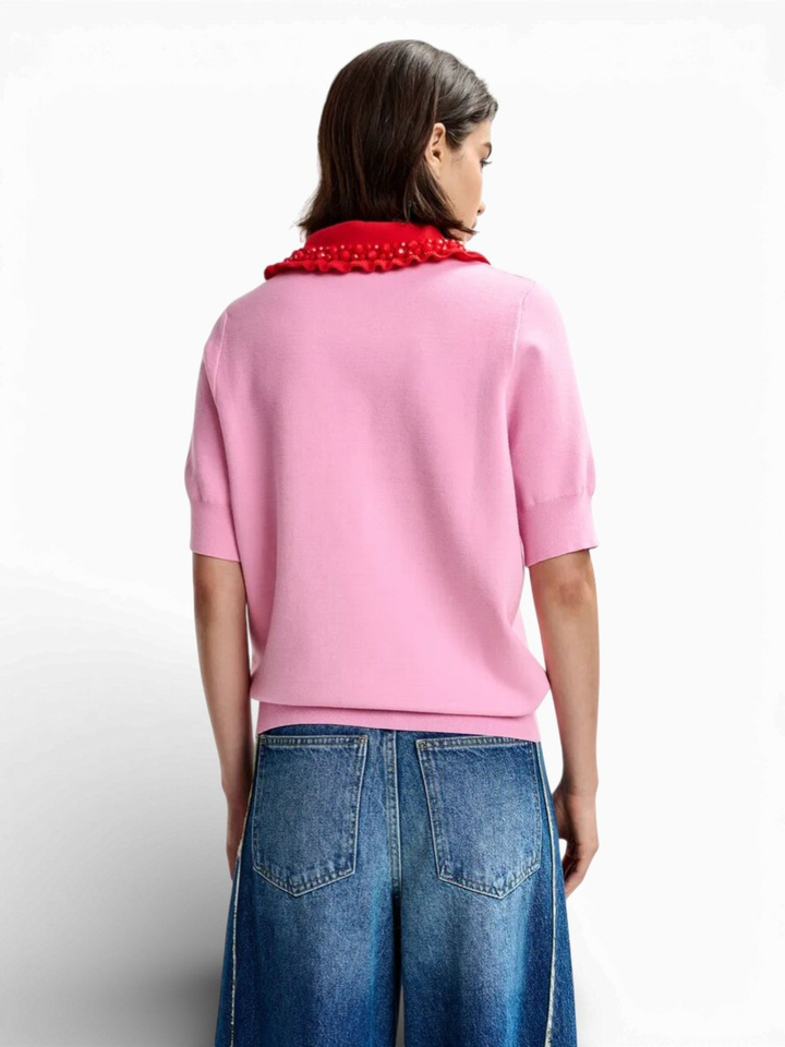 Roze en rode polo met fijne ribbels en kralenversieringen Jewelry Essentiel