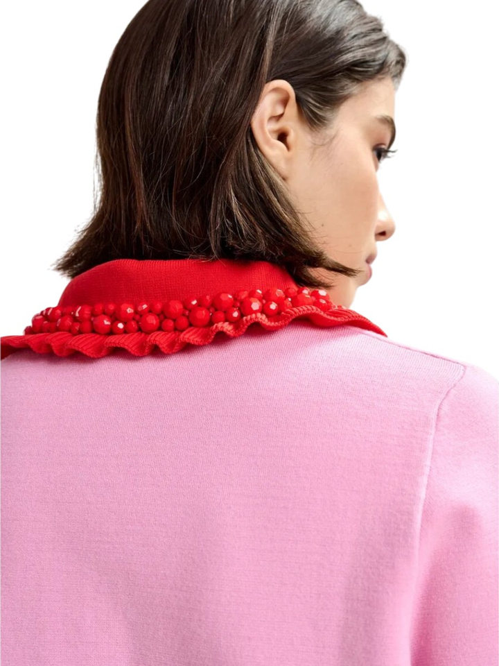 Roze en rode polo met fijne ribbels en kralenversieringen Jewelry Essentiel