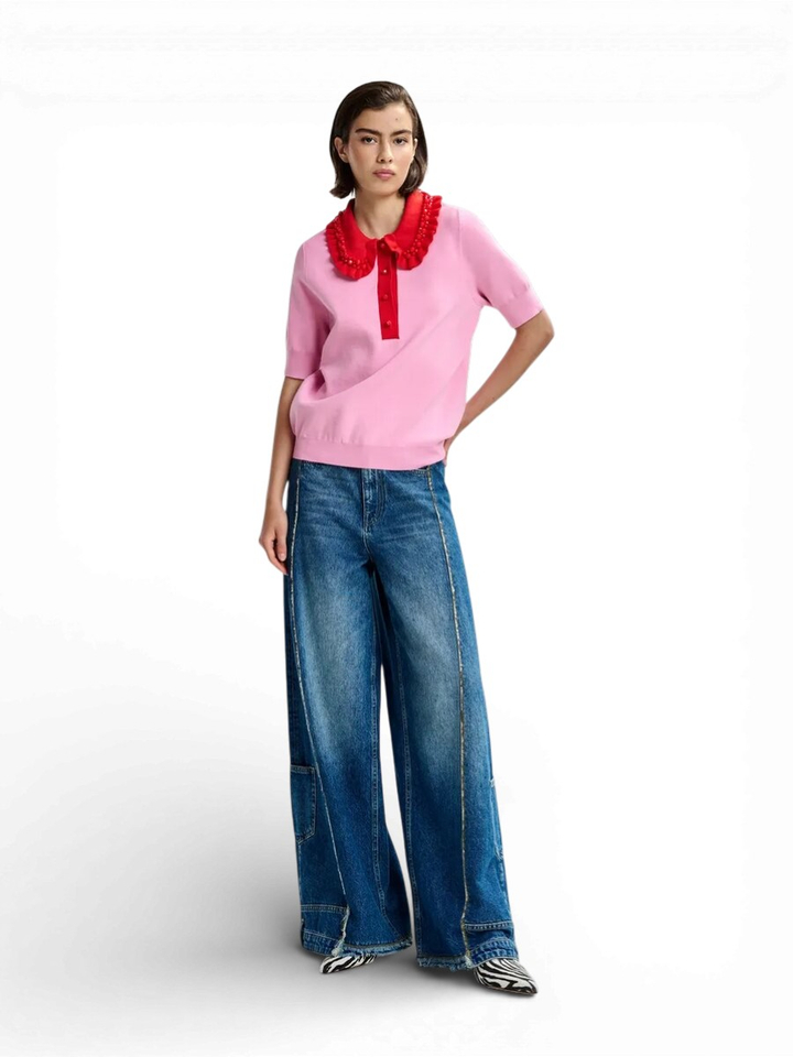 Roze en rode polo met fijne ribbels en kralenversieringen Jewelry Essentiel