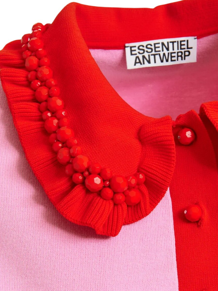 Roze en rode polo met fijne ribbels en kralenversieringen Jewelry Essentiel