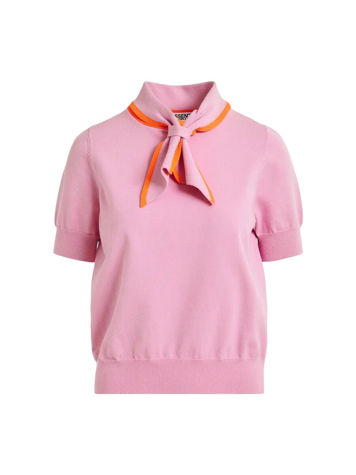 Roze fijn gebreide polo met oranje sjaalachtige contrasterende kraag Jonda Essentiel 