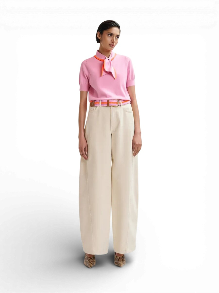 Roze fijn gebreide polo met oranje sjaalachtige contrasterende kraag Jonda Essentiel 