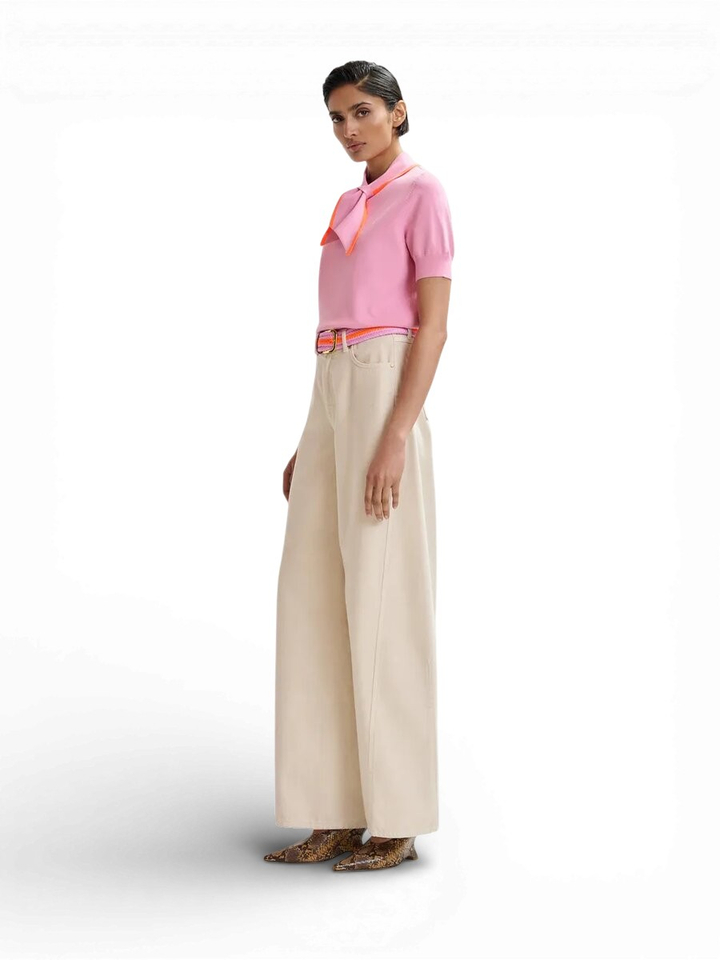 Roze fijn gebreide polo met oranje sjaalachtige contrasterende kraag Jonda Essentiel 