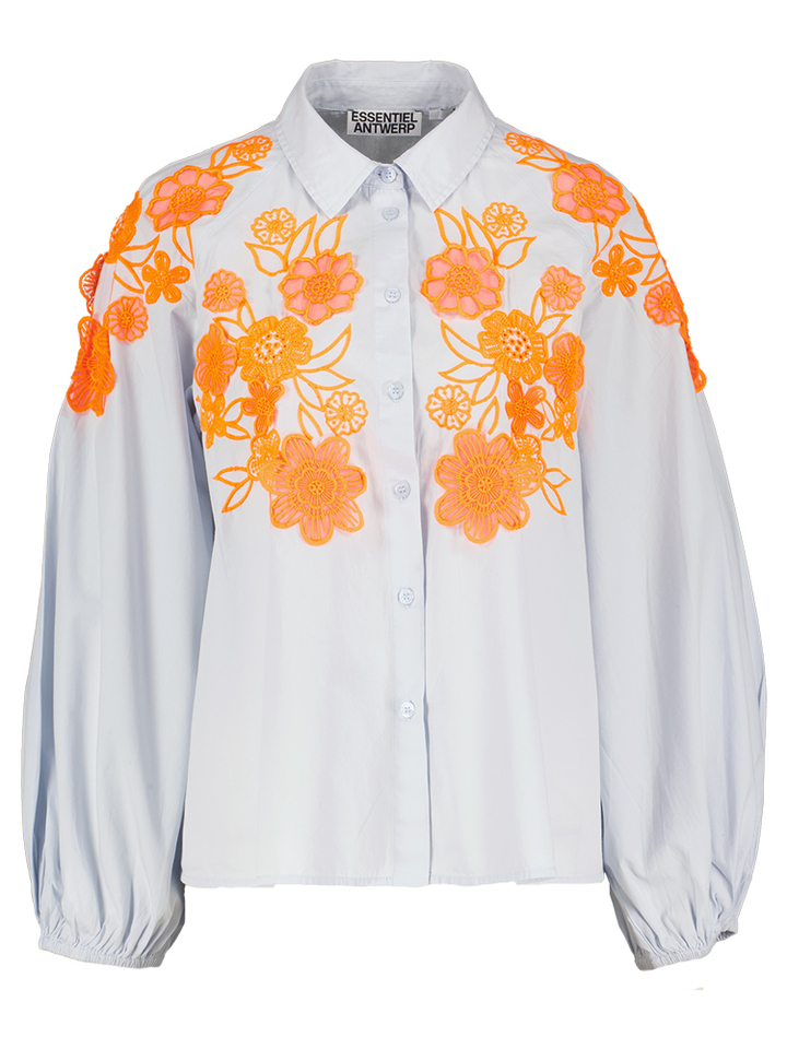 Lichtblauwe bloes met fluo oranje bloemen Joella Essentiel 