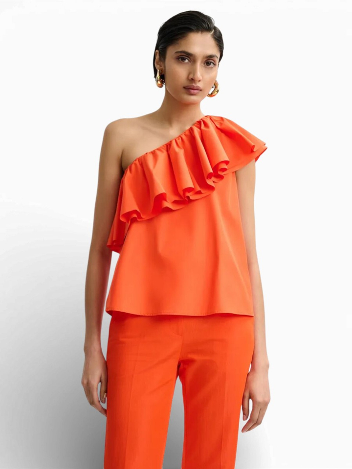 Oranje top met ruffle off shoulder Jilian Essentiel 
