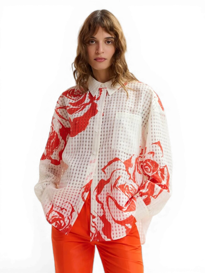 Witte bloes met oranje bloemenprint Joralnge Essentiel 