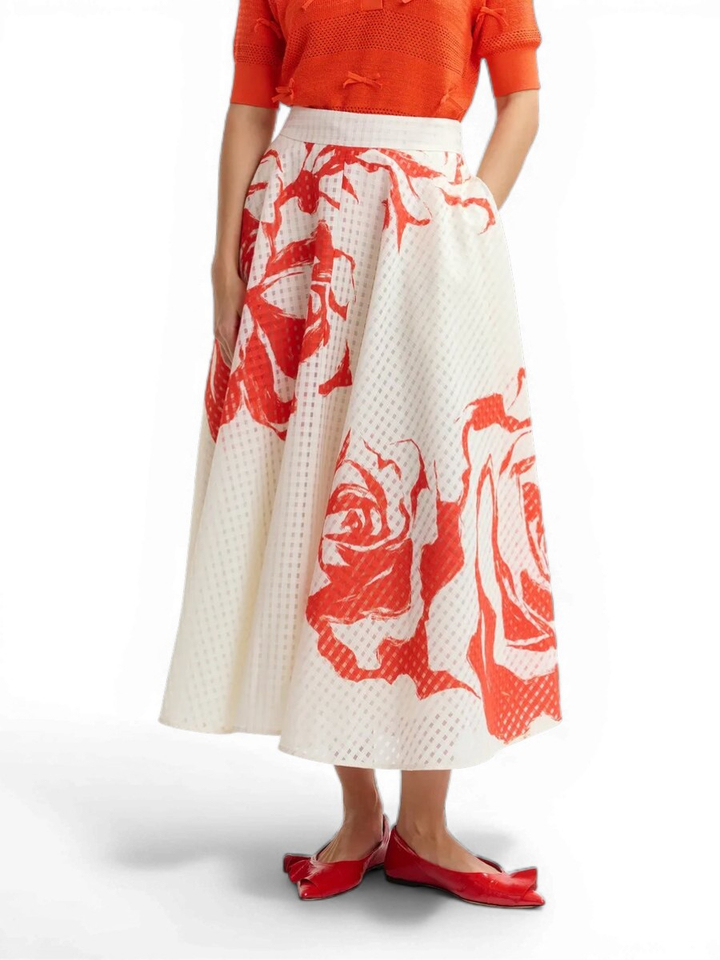 Ecru en rode midi-plissérok met bloemen Jango Essentiel 