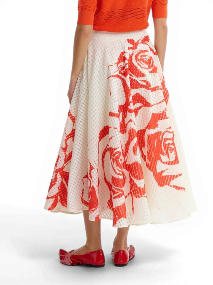 Ecru en rode midi-plissérok met bloemen Jango Essentiel 