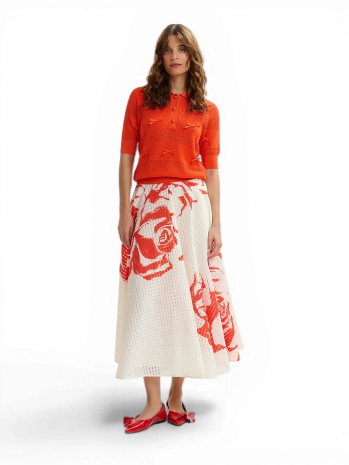 Ecru en rode midi-plissérok met bloemen Jango Essentiel 