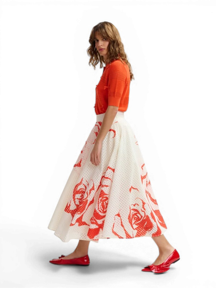 Ecru en rode midi-plissérok met bloemen Jango Essentiel 