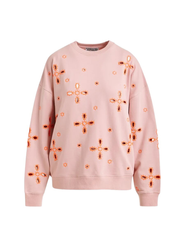 Lichtroze sweater met oranje bloemborduurwerk Jix Essentiel