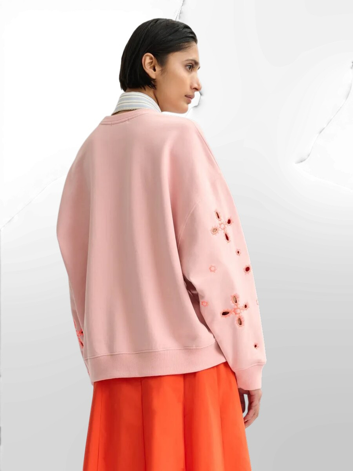 Lichtroze sweater met oranje bloemborduurwerk Jix Essentiel