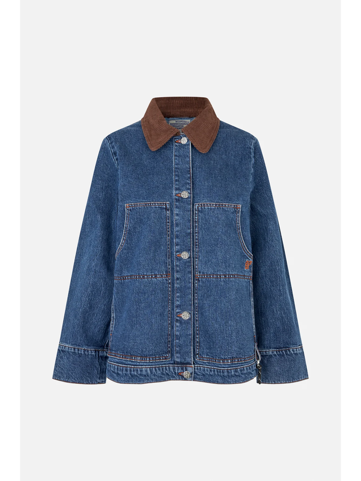 Blauwe jeansjas met kraag in bruine ribfluweel Benilda Baum und Pferdgarten