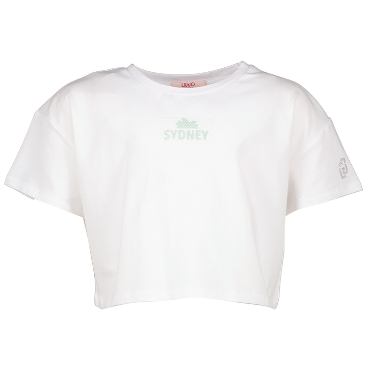 Witte t-shirt met groene print en strass Liu Jo
