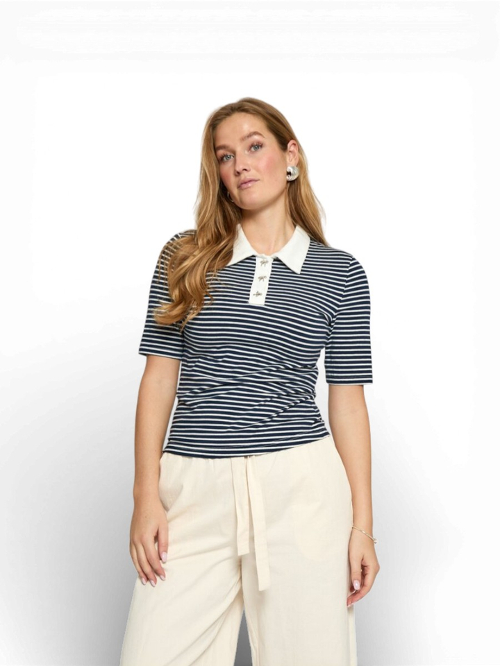 Blauw gestreepte polo met strikjes Malle Minus 