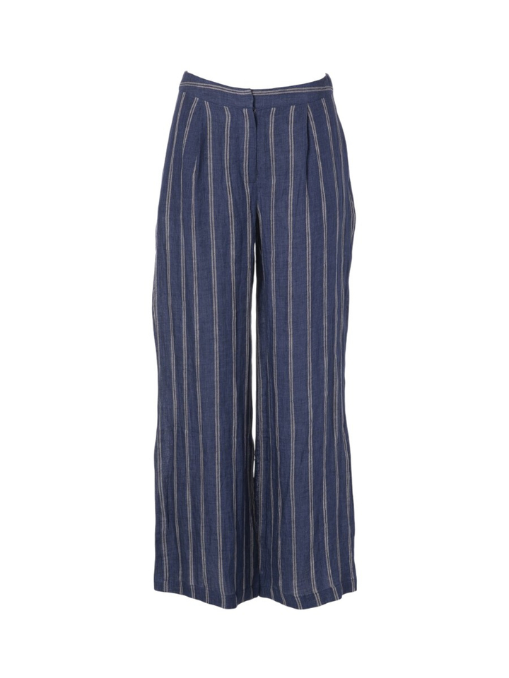 Blauwe linnen broek met fijne streep 