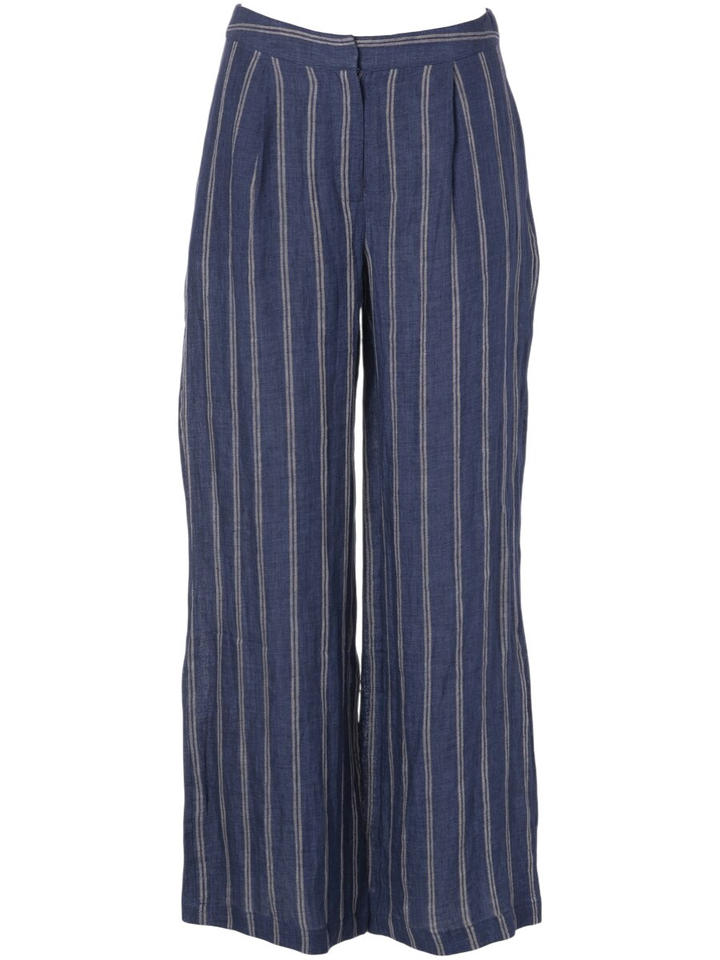 Blauwe linnen broek met fijne streep 