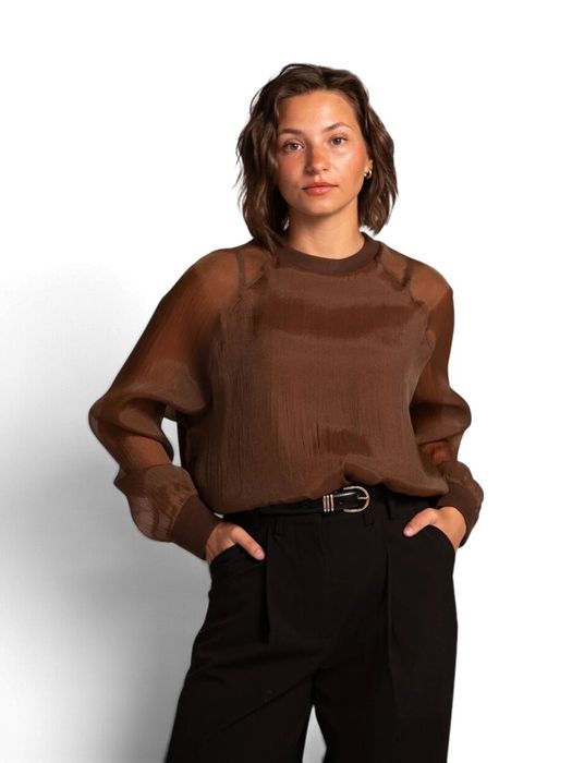 Donkerbruine organza blouse met lange mouwen Maaike Les Soeurs