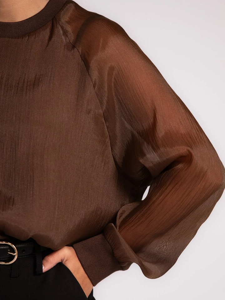 Donkerbruine organza blouse met lange mouwen Maaike Les Soeurs
