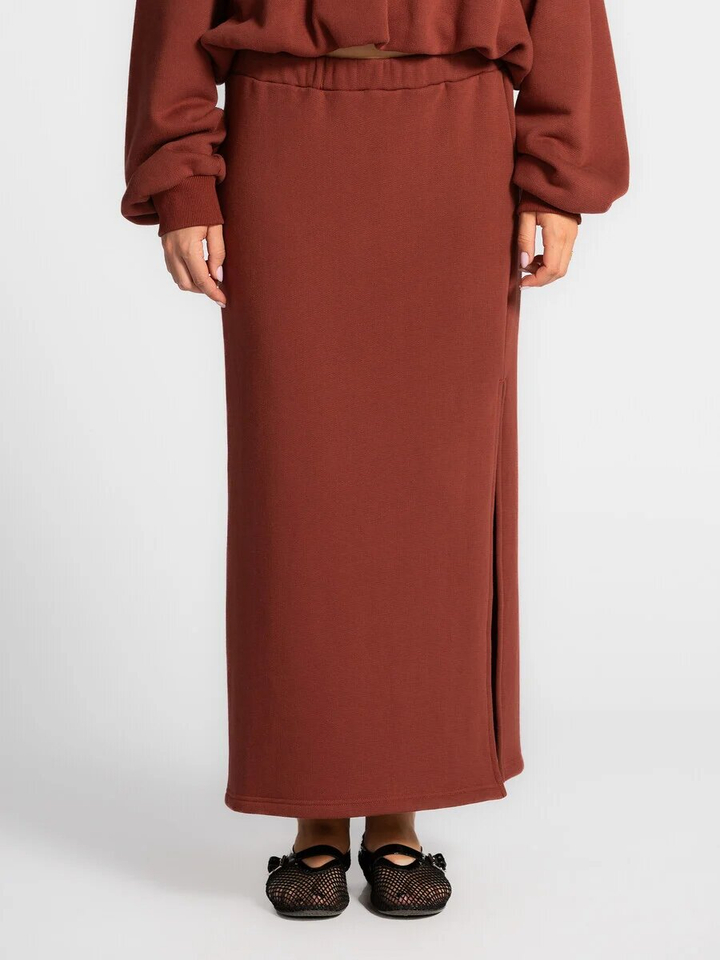 Roestkleurige midi rok met elastiek en split Mika Les Soeurs