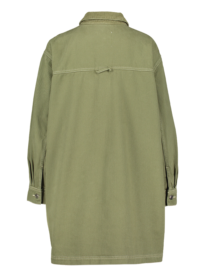 Kakigroene oversized jurk met ecru stikking en ribfluwelen kraag Missa Les Soeurs