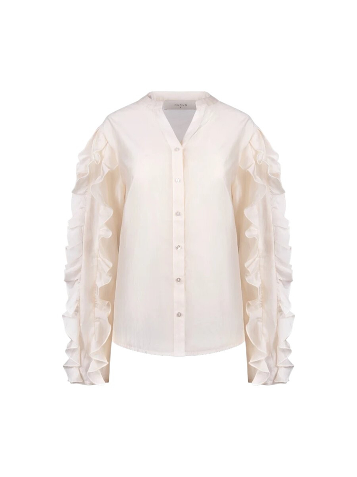 Beige doorzichtige bloes met frul aan de mouw Margriet Nukus