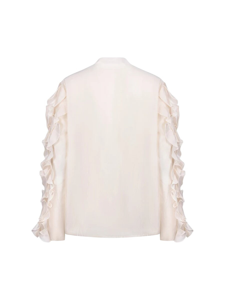 Beige doorzichtige bloes met frul aan de mouw Margriet Nukus