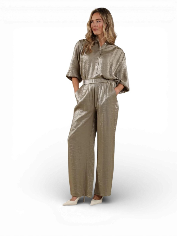 groene glanzende wijde broek in crincle-stof Linsey  Nukus