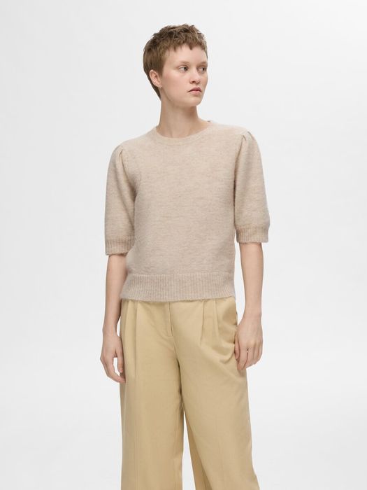 Beige pull met ronde hals en korte mouwen Selected
